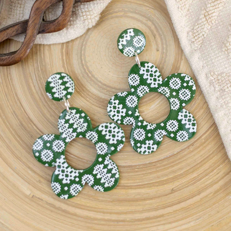 Welsh blanket print flower earrings - green