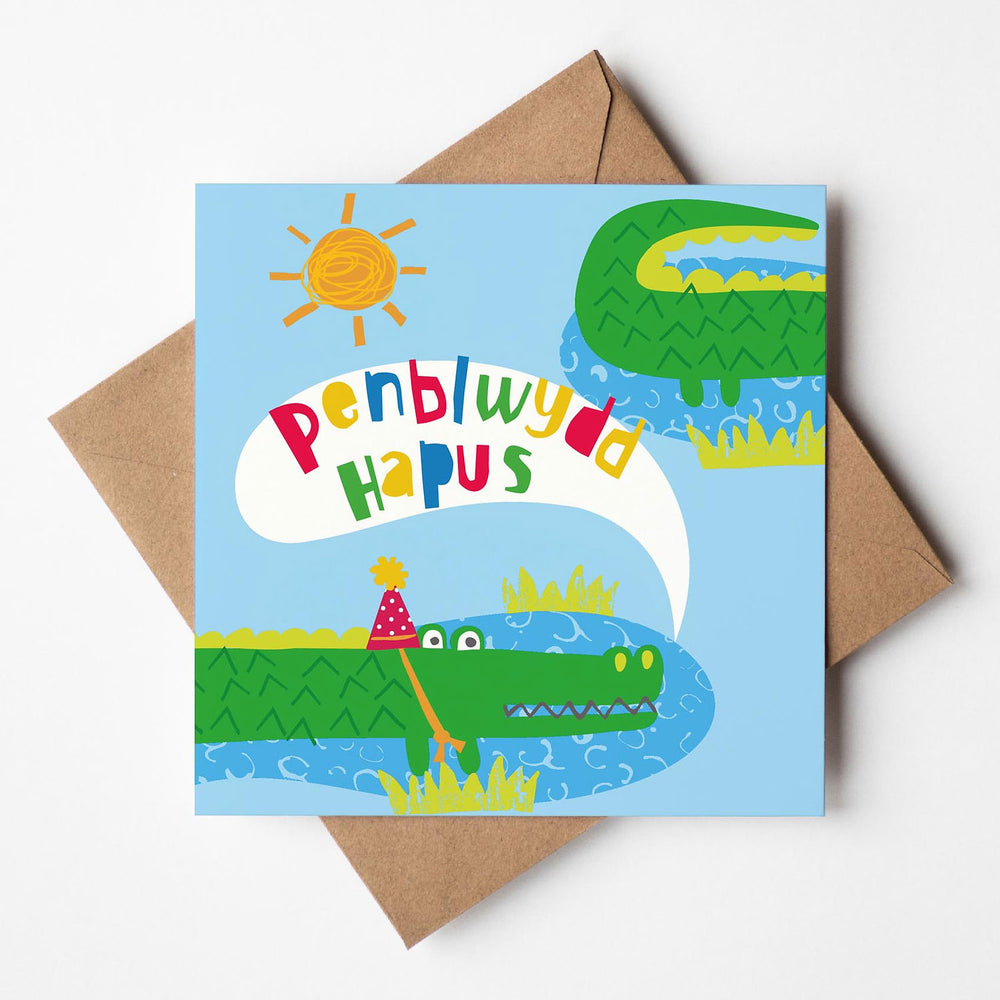 Welsh birthday card featuring crocodiles and the words 'happy birthday in Welsh - Penblwydd hapus