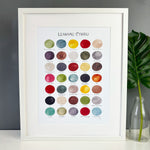 Welsh print of an original hand-painted design featuring 40 watercolour spheres representing a feature of Wales.