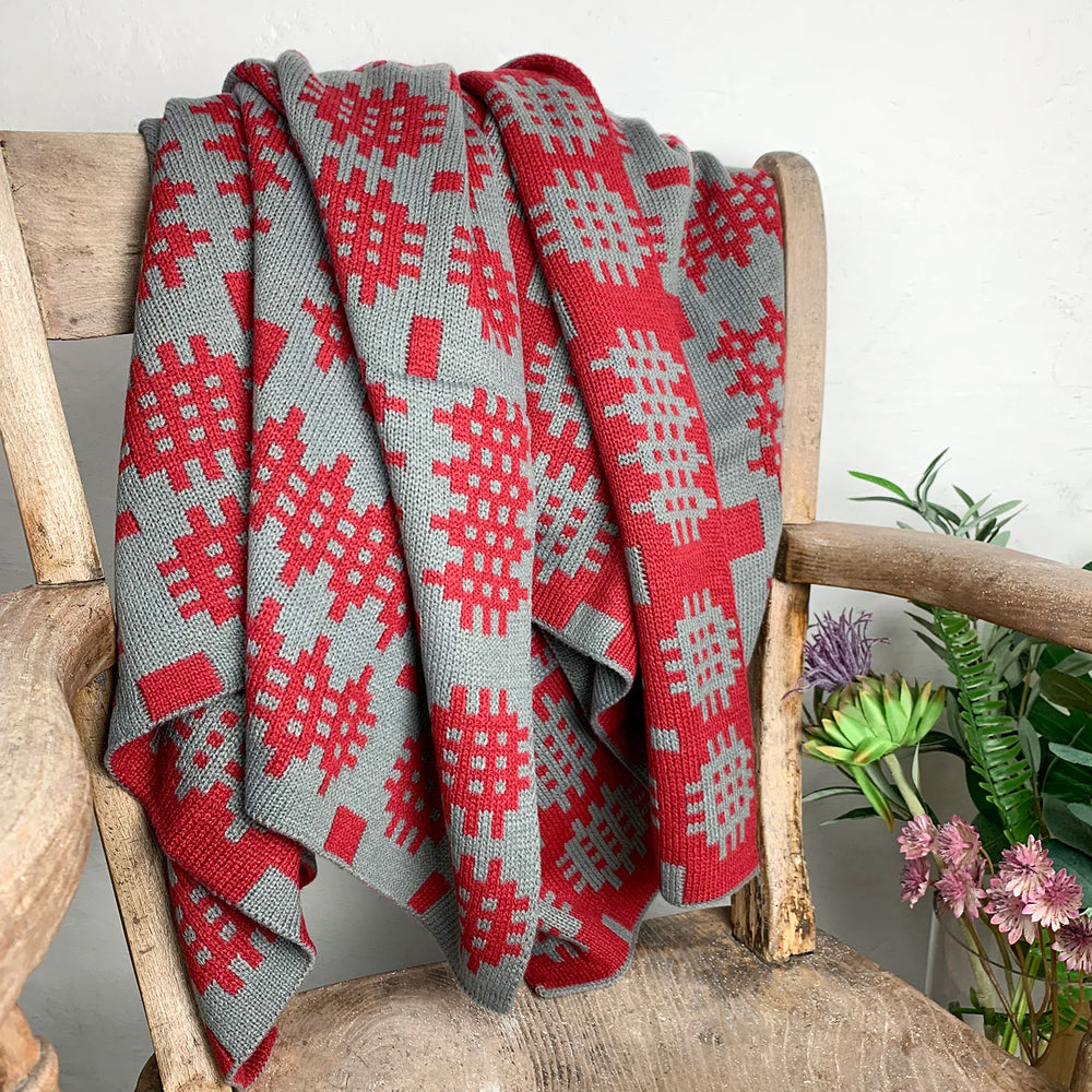 Welsh blanket print throw - grey and red