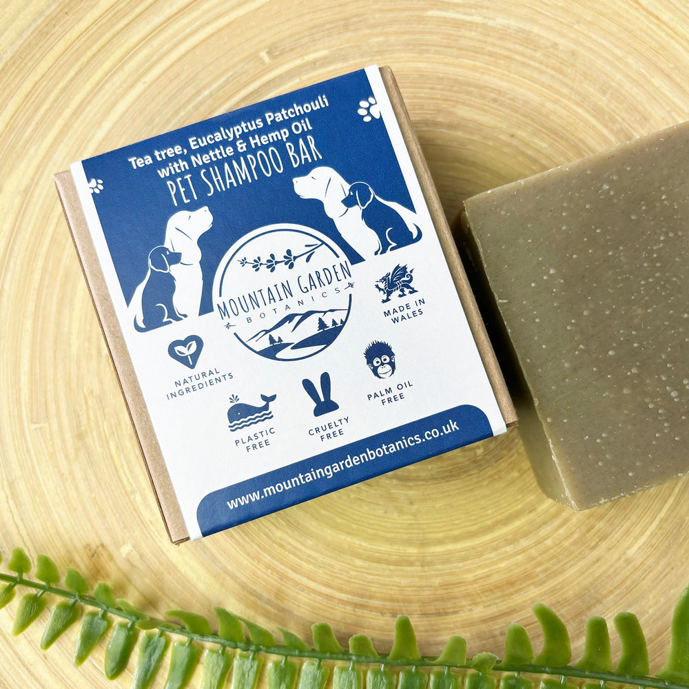 Handmade dog shampoo soap bar with anti-bacterial tea tree, eucalyptus and patchouli 