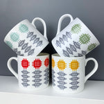 Welsh blanket print large china mugs in 4 co-ordinating colourways
