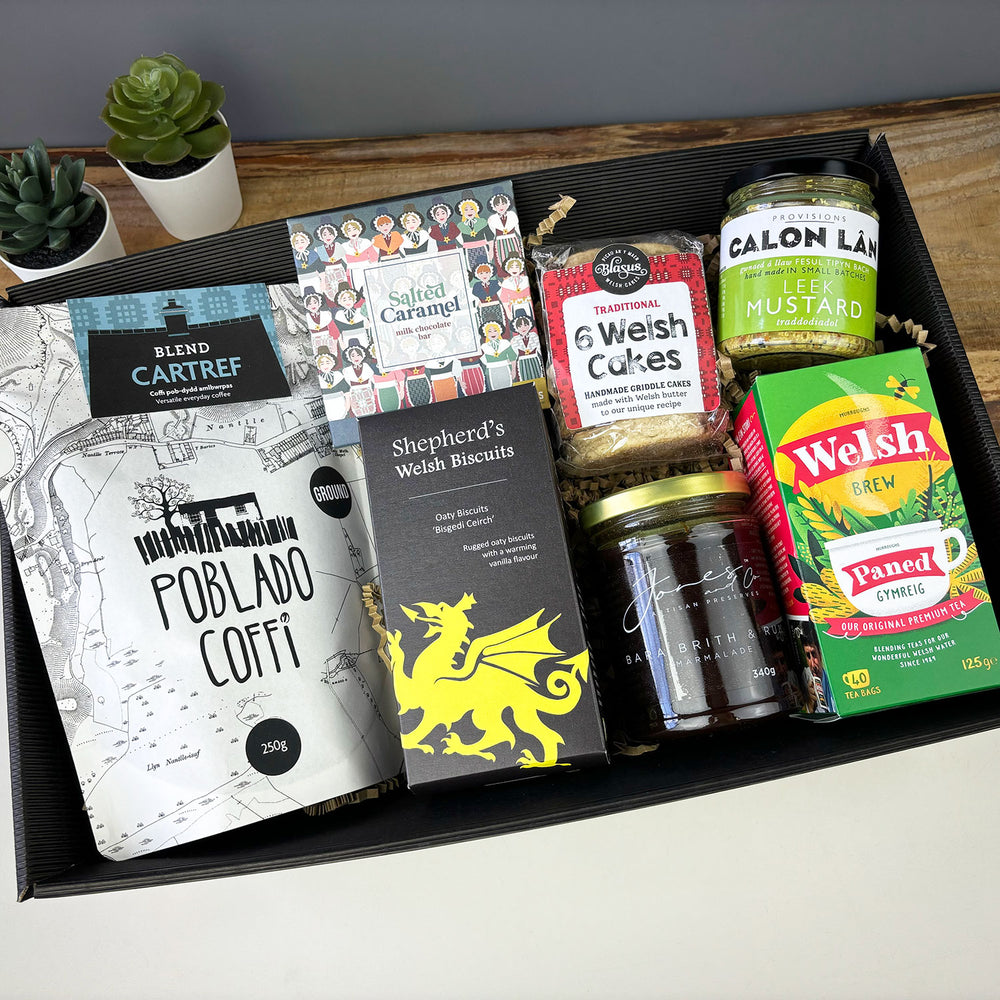 luxury Welsh hamper contains some of Wales's most loved food brands presented in a black hamper tray