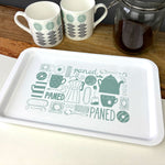 White melamine tray featuring the Welsh word Paned in duck egg blue