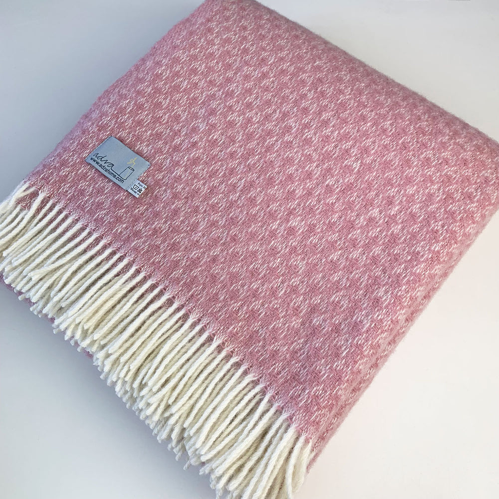 100% pure new wool crescent throw blanket in dusky pink made in Wales by Tweedmill