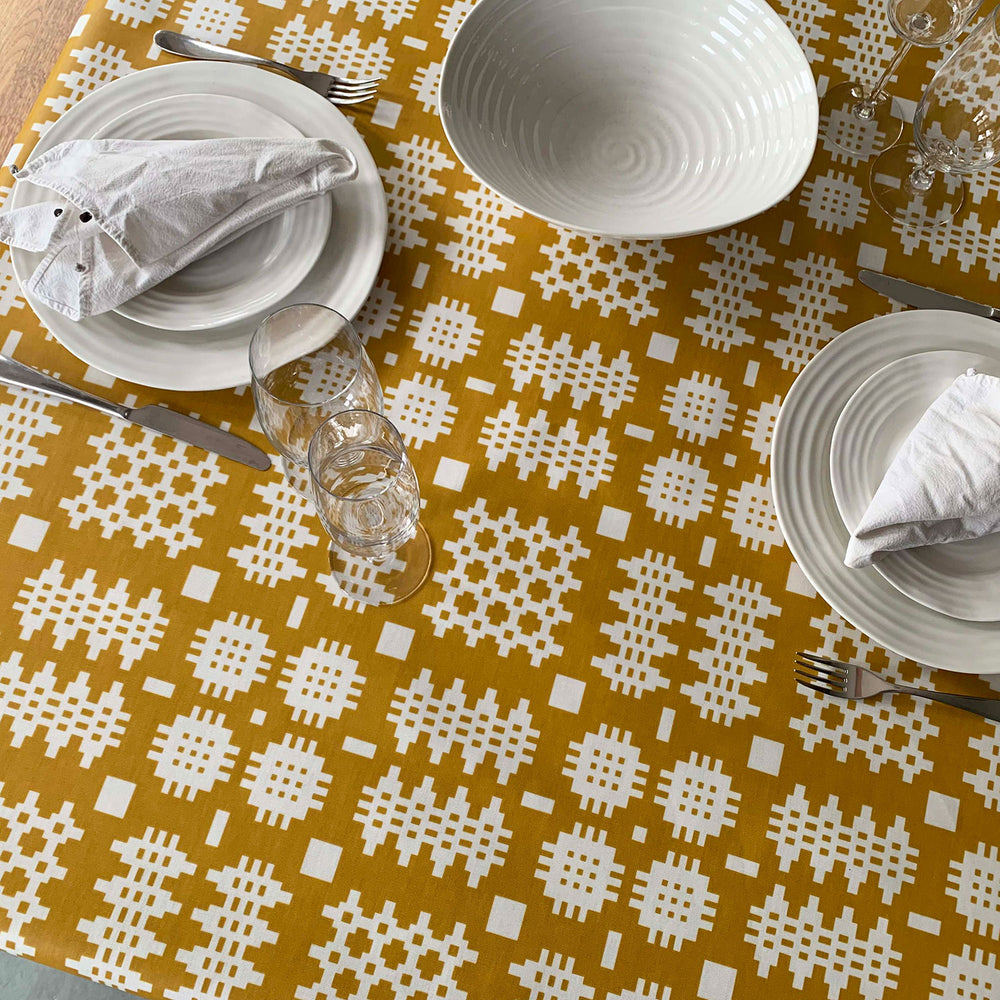 Welsh blanket oilcloth tablecloth, matt mustard