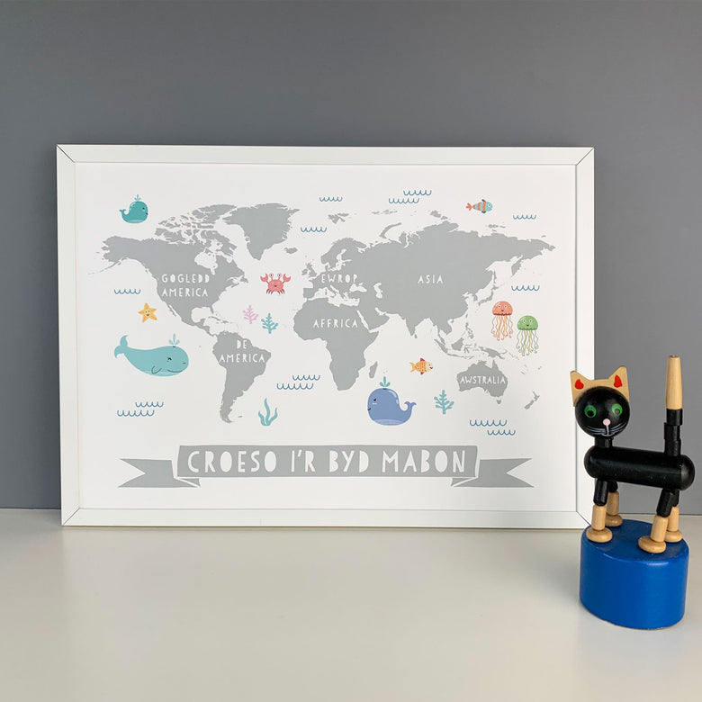 Personalised world map framed baby print