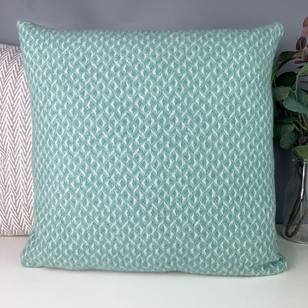 Pure new wool diamond cushion in sea green made in Wales by Tweedmill