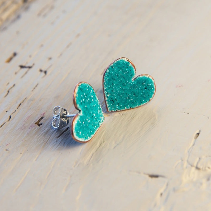 Enamel heart stud earrings - turquoise