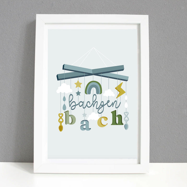 Welsh framed print featuring a mobile and the words bachgen bach
