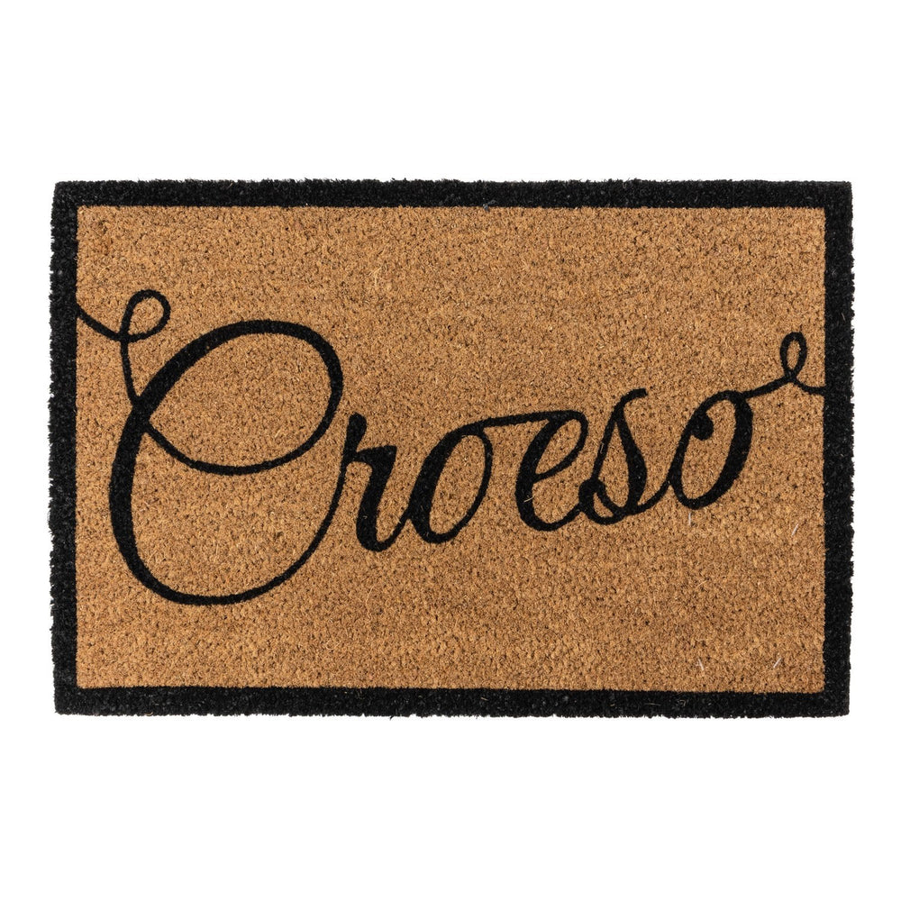 Natural coir doormat featuring the word 'welcome' in Welsh, croeso