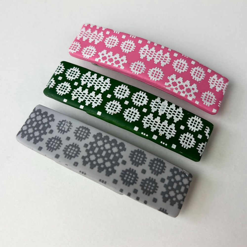 Handmade hair clips featuring the iconic Welsh blanket pattern 