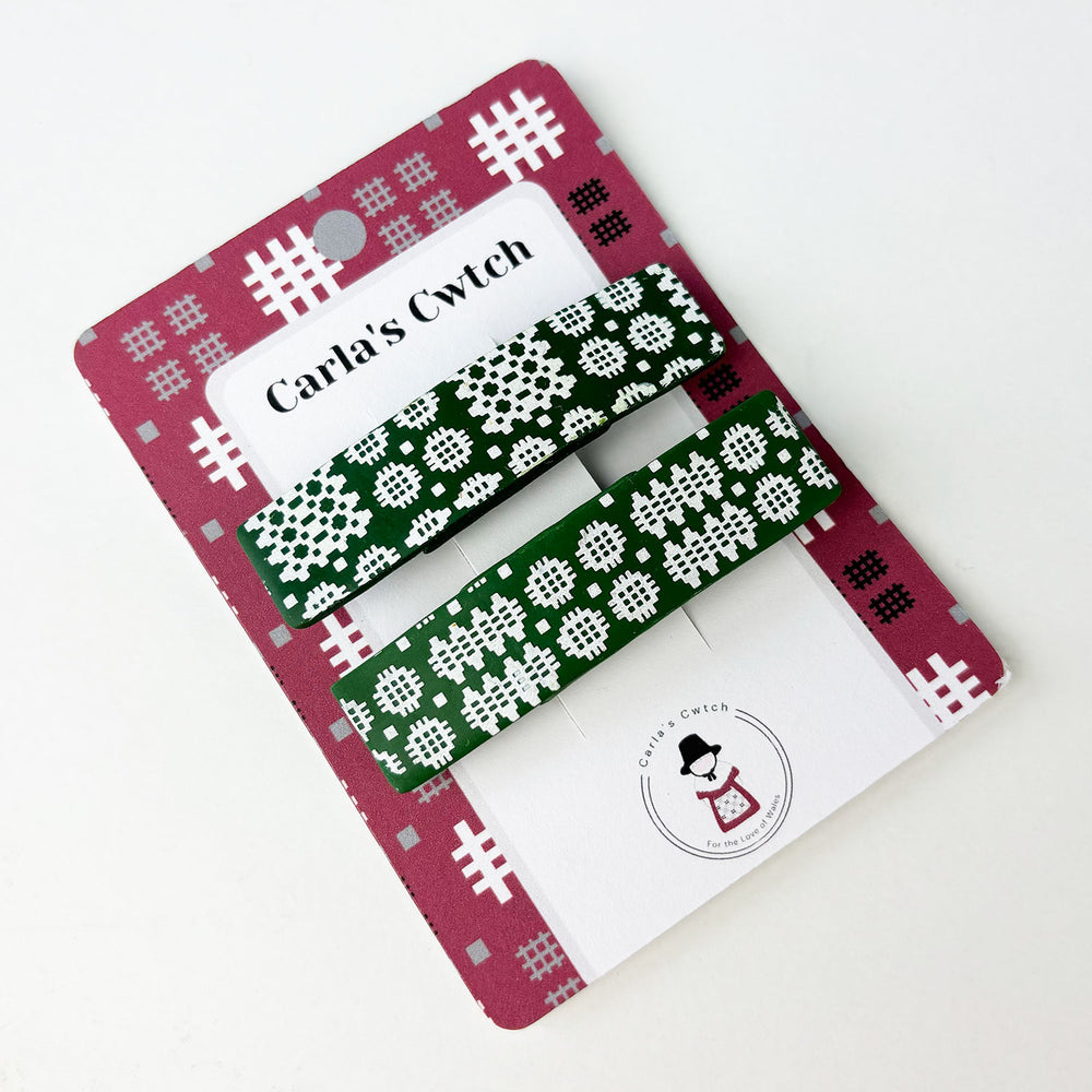 Handmade hair clips featuring the iconic Welsh blanket pattern in green.