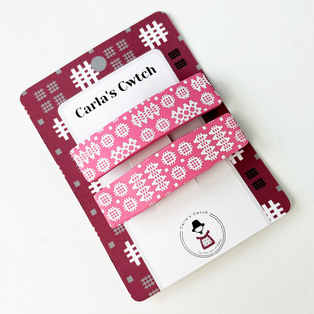 Handmade hair clips featuring the iconic Welsh blanket pattern in pink