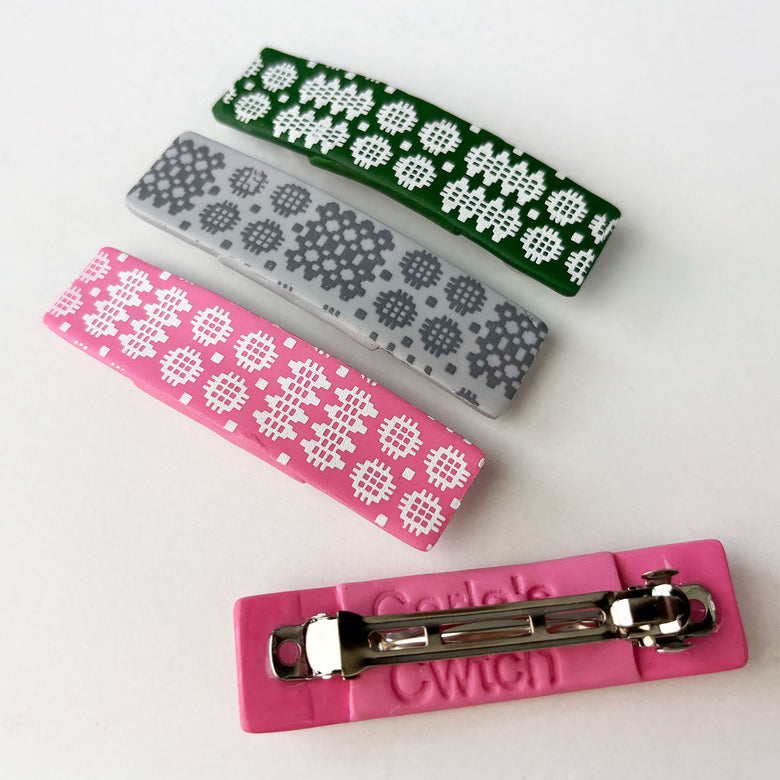 Handmade hair clips featuring the iconic Welsh blanket pattern