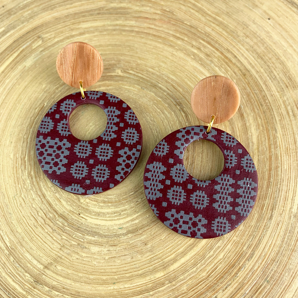 Welsh blanket print circle earrings - dark red