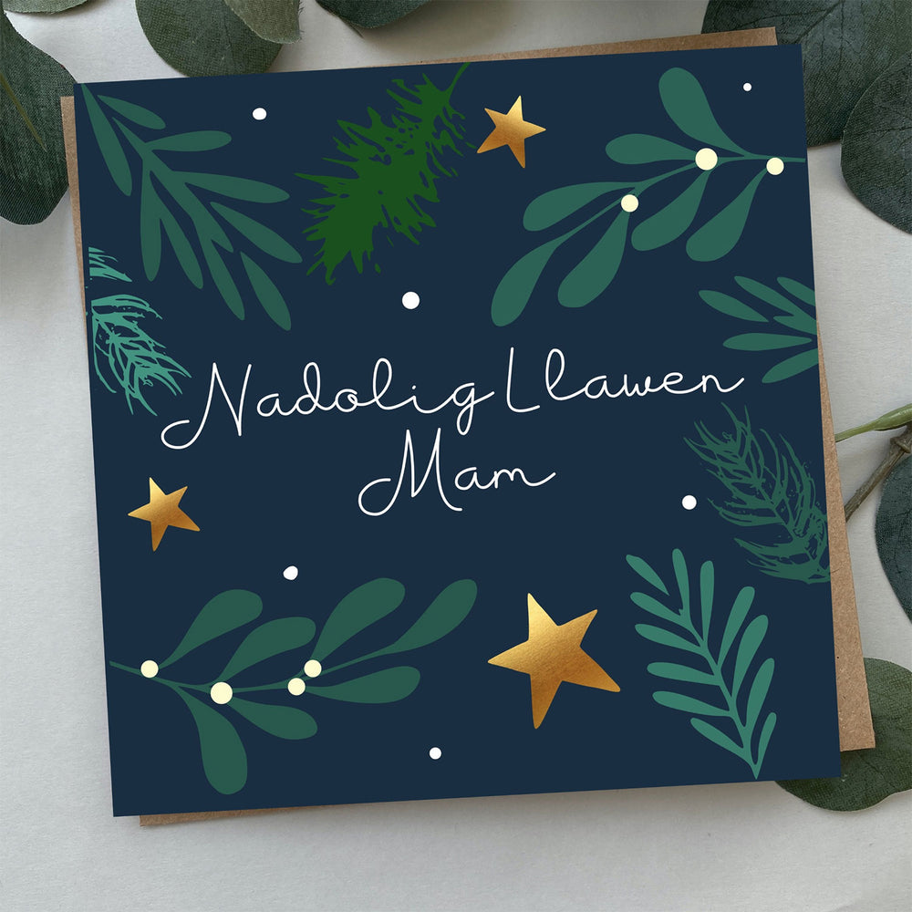 Contemporary Christmas card featuring the words 'Merry Christmas mum' in Welsh - Nadolig Llawen mam