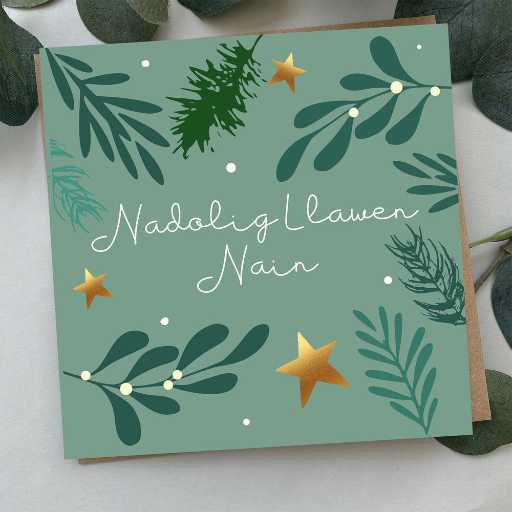 Contemporary Christmas card featuring the words 'Merry Christmas gran' in Welsh - Nadolig Llawen nain