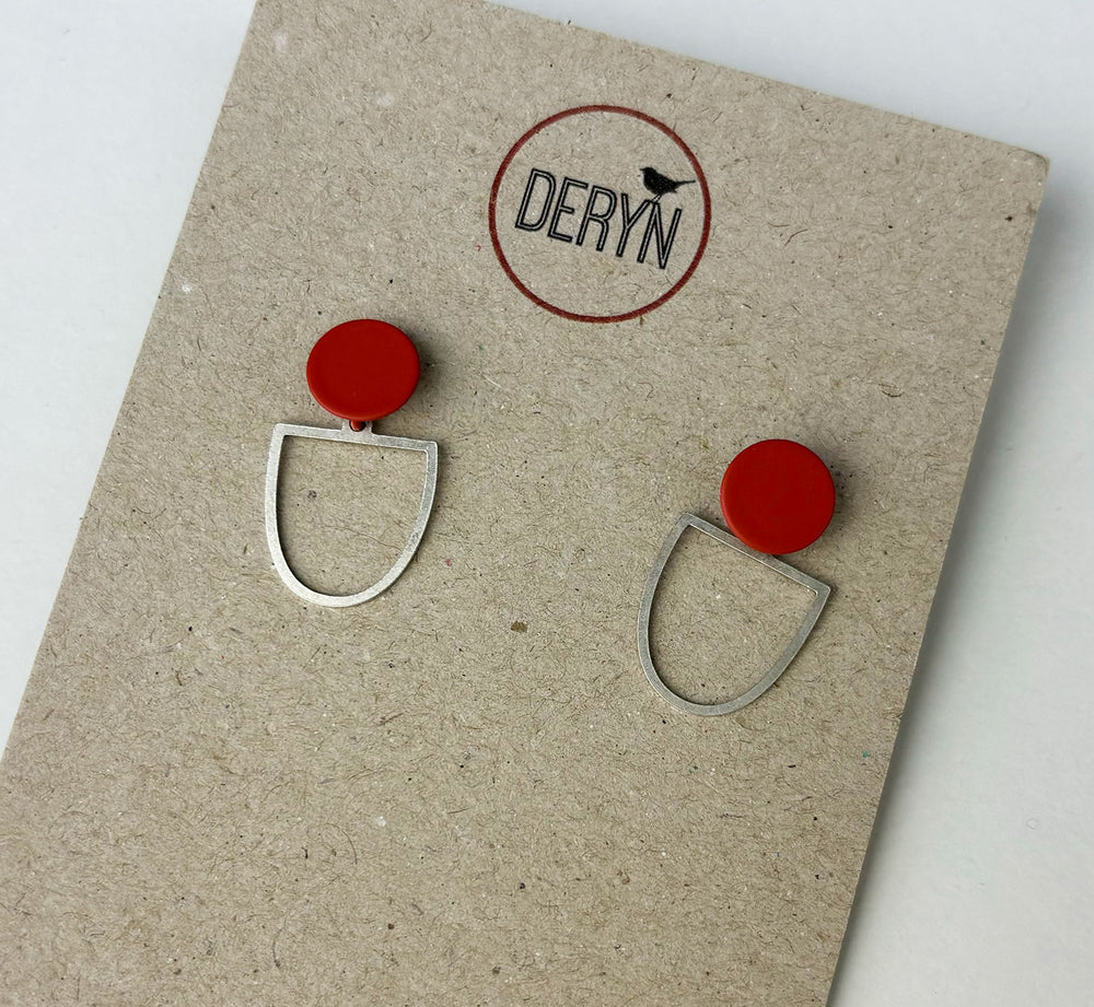 Red and silver earrings handmade in Wales by Deryn