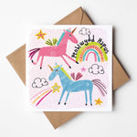 Welsh birthday card featuring unicorns and the words 'happy birthday' in Welsh - Penblwydd hapus