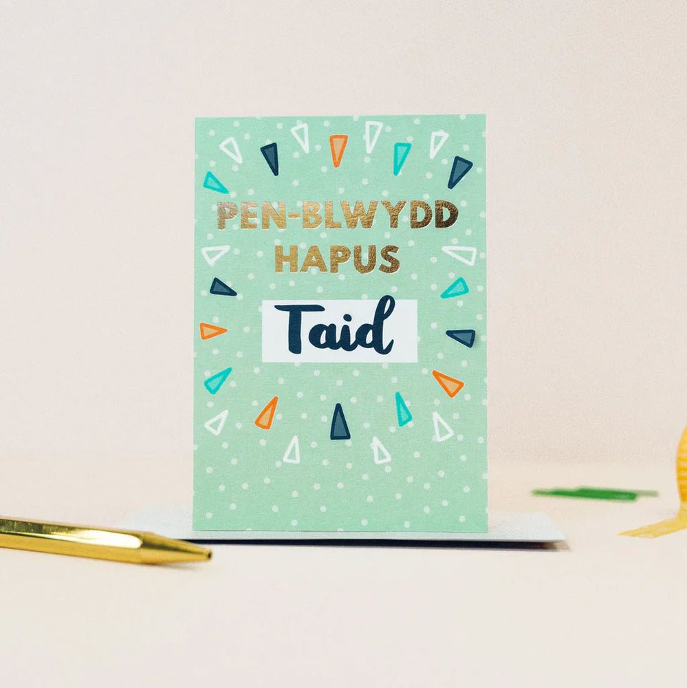 Contemporary Welsh birthday card featuring the words 'happy birthday grandad' in Welsh - Penblwydd hapus Taid. 