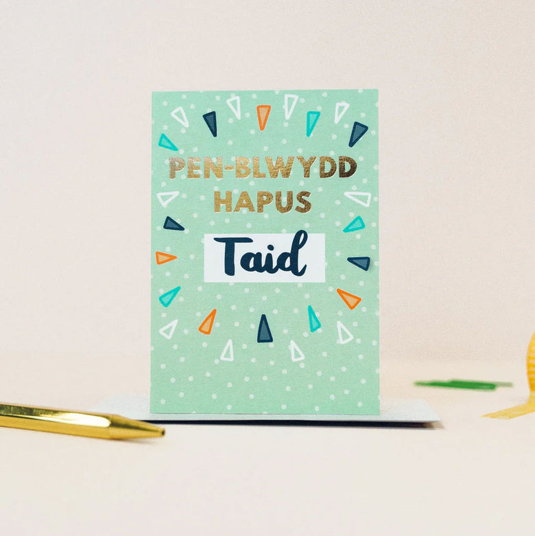 Contemporary Welsh birthday card featuring the words 'happy birthday grandad' in Welsh - Penblwydd hapus Taid. 