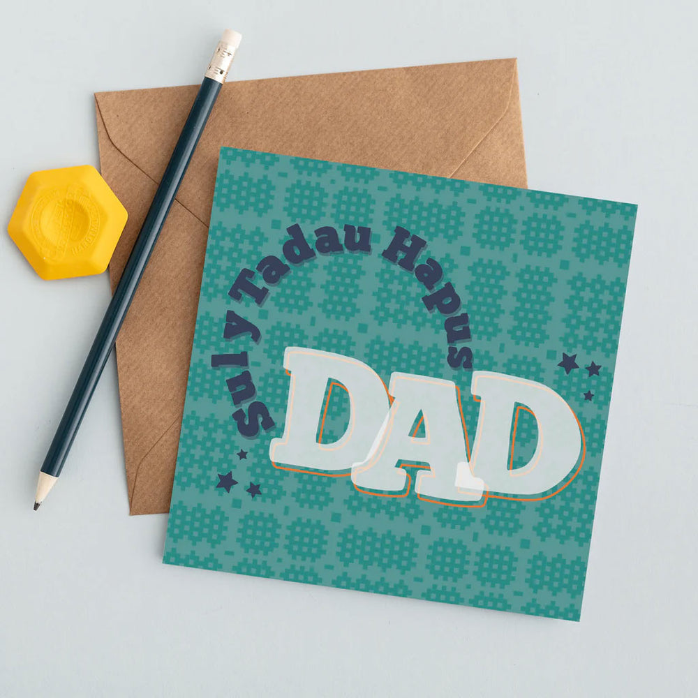 greeting card featuring the words 'happy father's day dad' in Welsh - Sul y Tadau hapus Dad, on a Welsh blanket print background