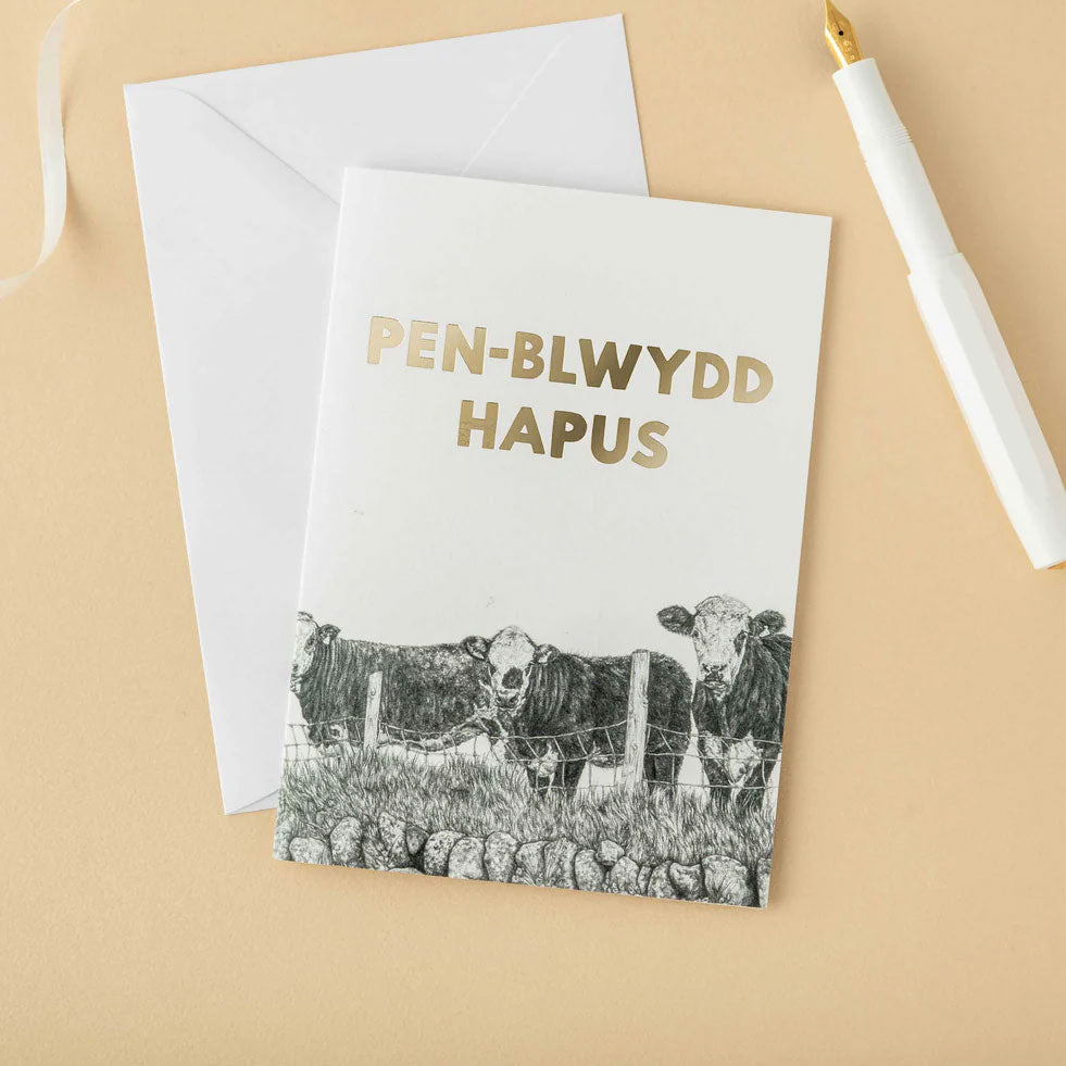 Welsh birthday card featuring the words 'Penblwydd hapus' and a sheep illustration