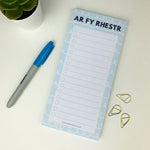 Welsh notepad featuring 50 tear off sheets printed with the words 'on my list' in Welsh - Ar fy rhestr