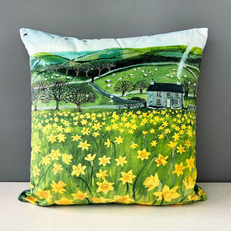 Daffodil field velvet cushion