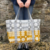 Welsh blanket pattern waterproof beach bag in yellow and grey