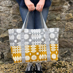 Welsh blanket pattern waterproof beach bag in yellow and grey