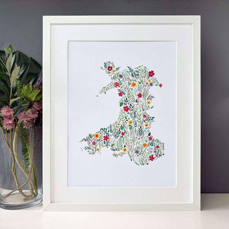 Floral map of Wales print - A3