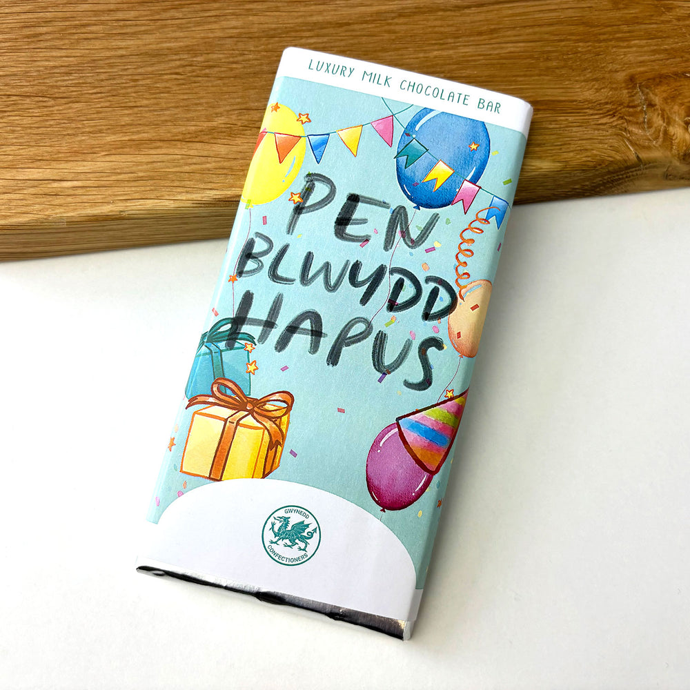 Welsh birthday chocolate bar featuring the words penblwydd hapus