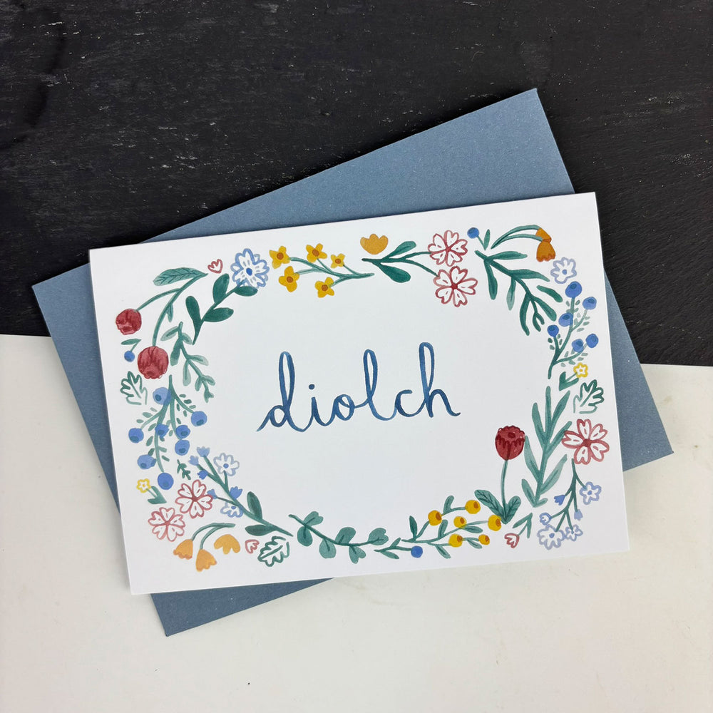 Welsh illustared 'diolch' than you card with a floral design