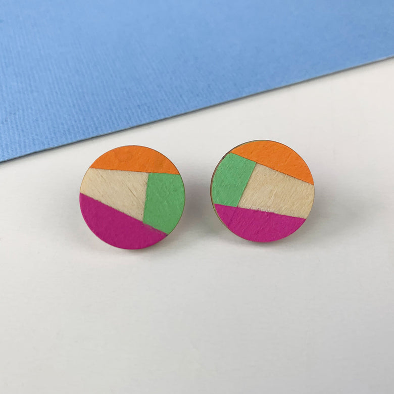 Round wooden earrings - fuchsia/green/orange