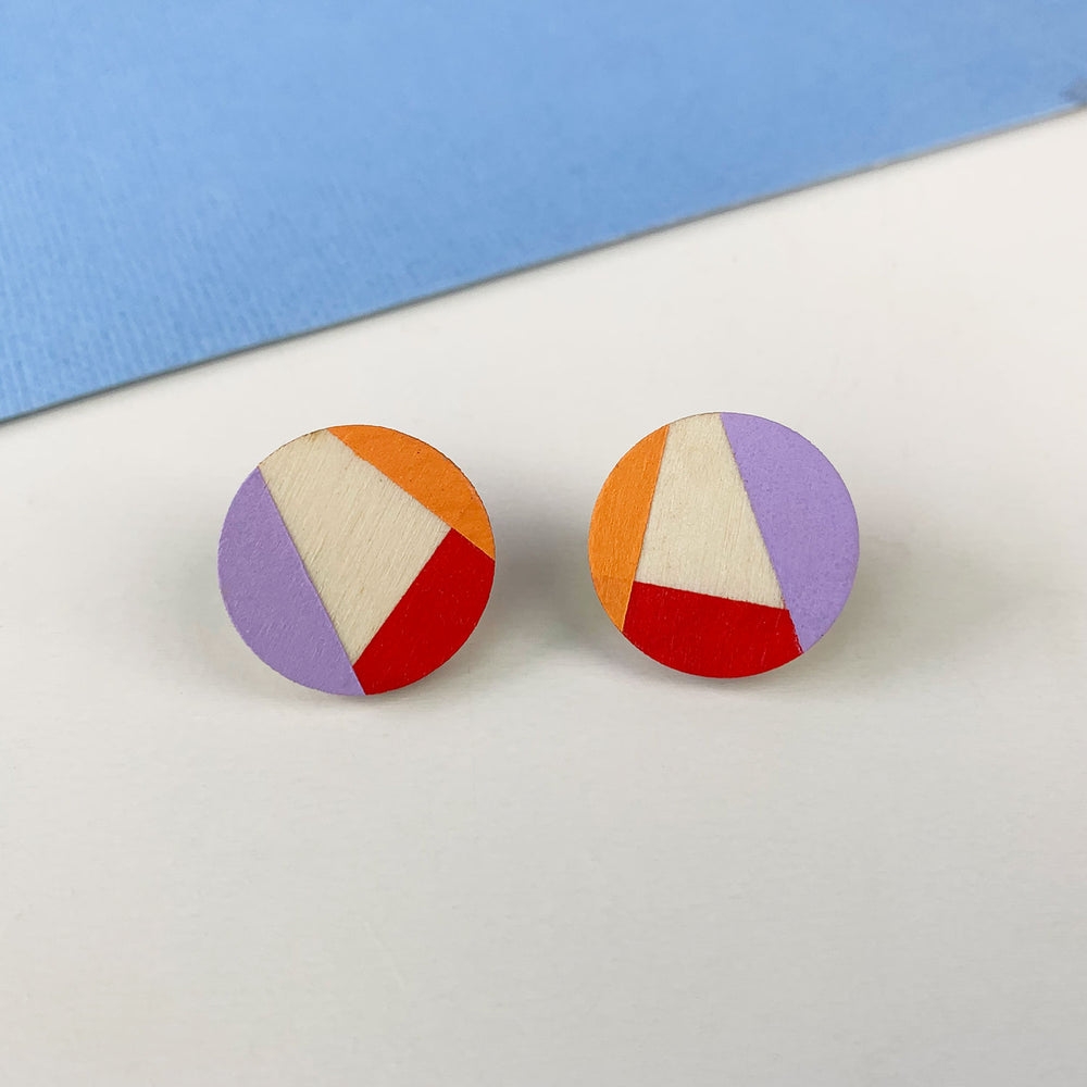 Round wooden earrings - lilac/red/orange