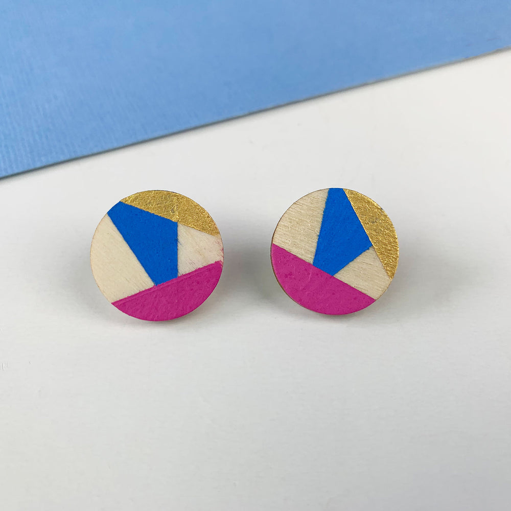 Round wooden earrings - fuchsia/blue/gold