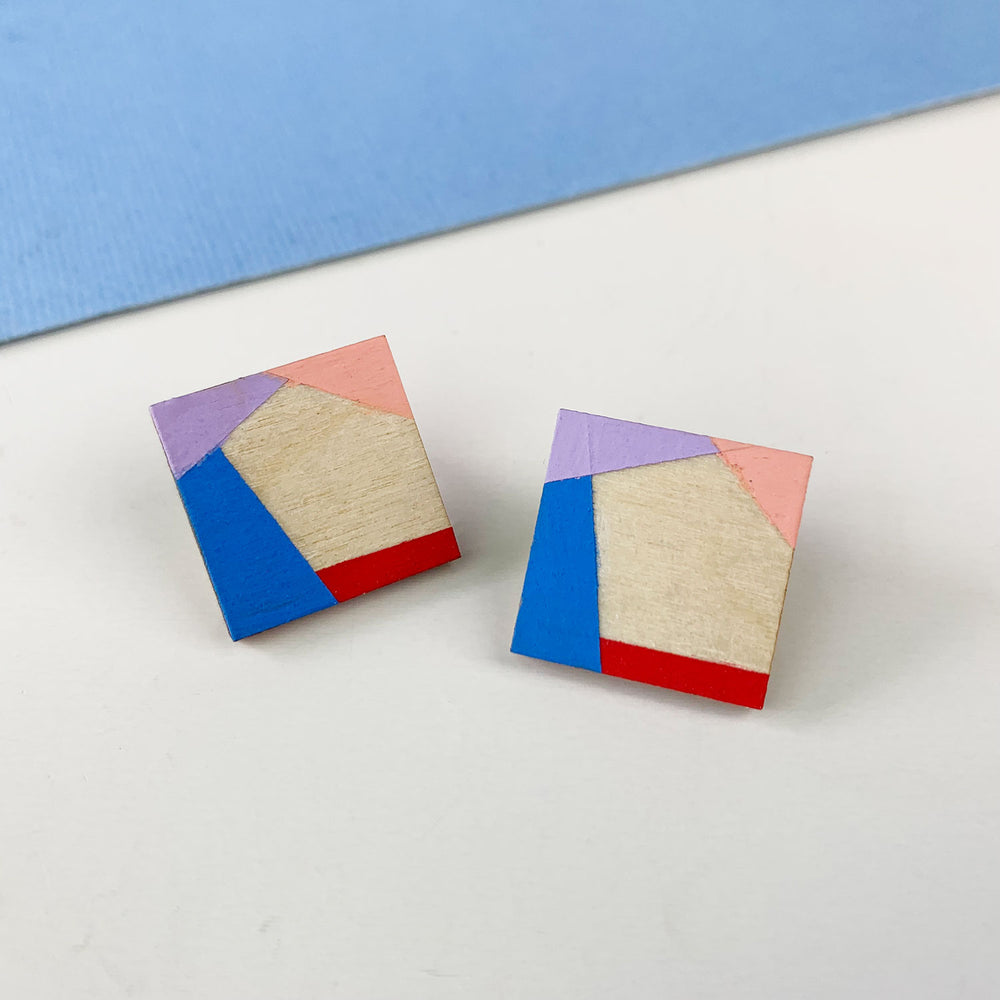 Square wooden earrings - blue/lilac/red