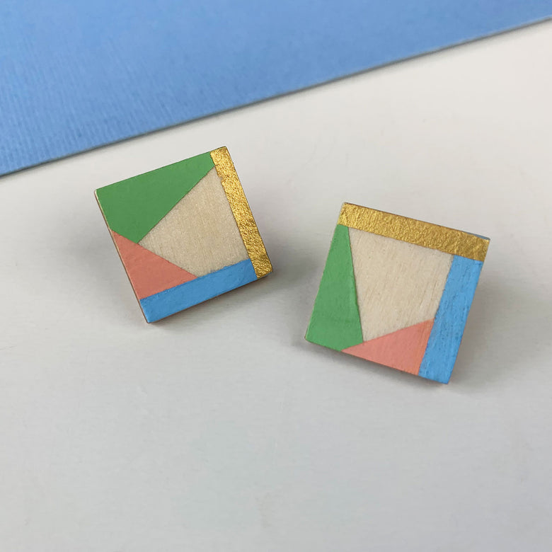 Square wooden earrings - green/pink/blue
