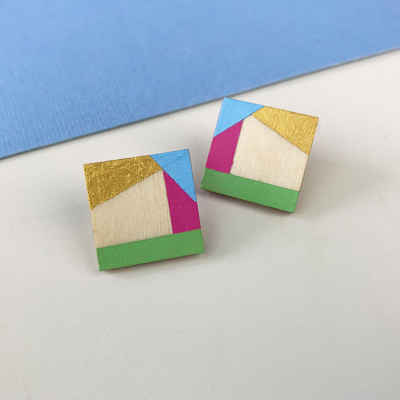 Square wooden earrings - fuchsia/green/blue