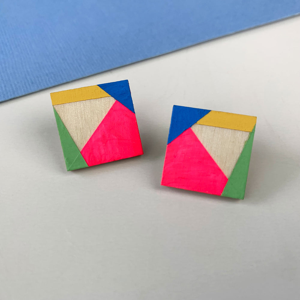 Square wooden earrings - neon/yellow/blue