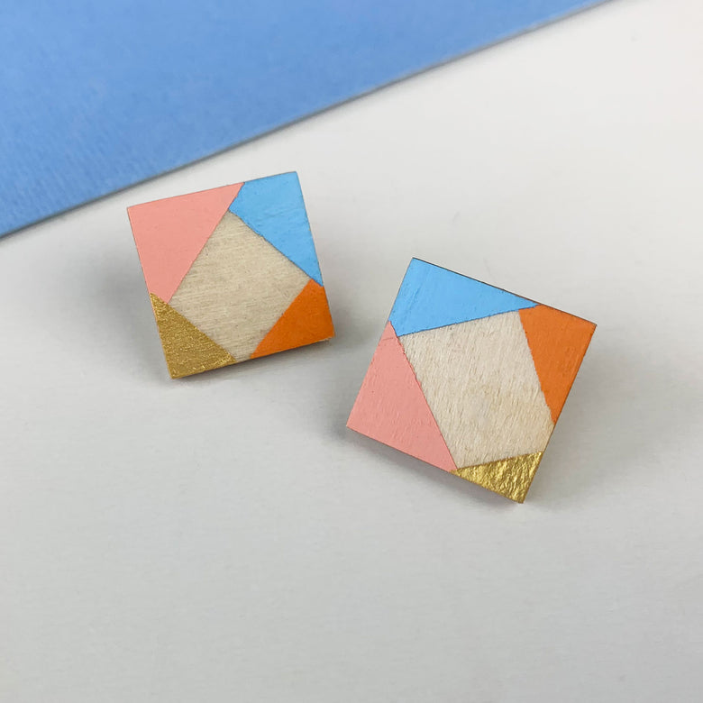 Square wooden earrings - pink/blue/orange