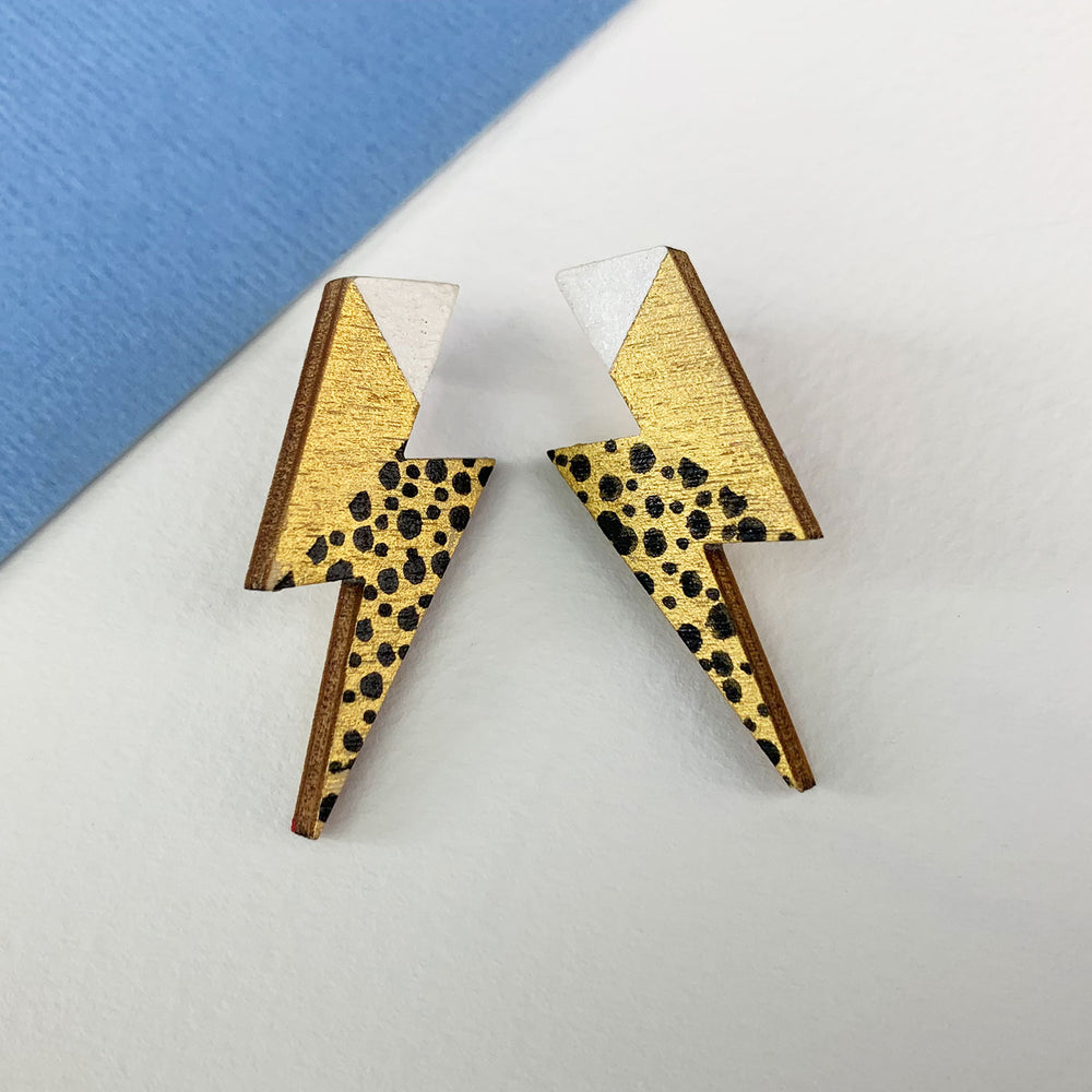 Lightning bolt earrings, small - gold/black/white