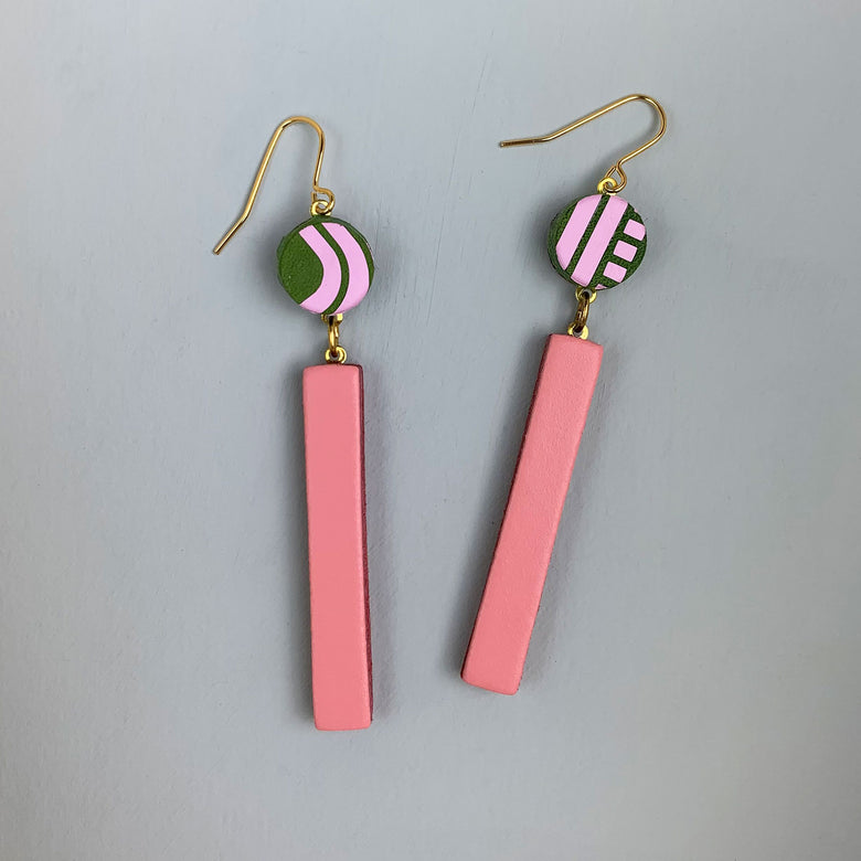 Leather bloc drop earrings - pink/olive