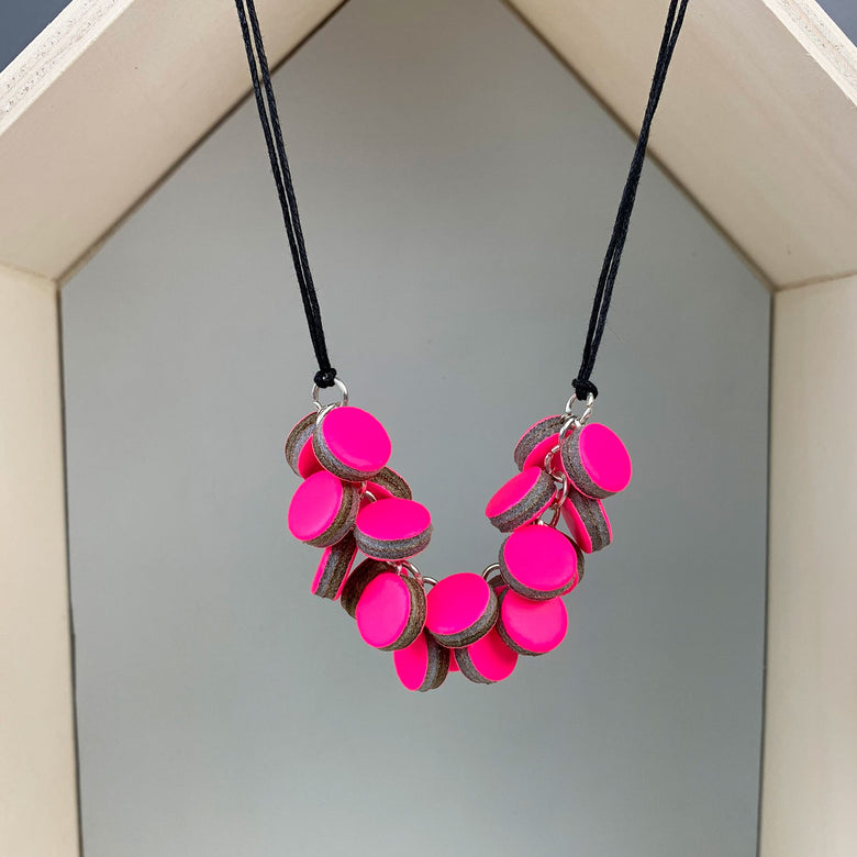 Leather dot pendant - neon pink