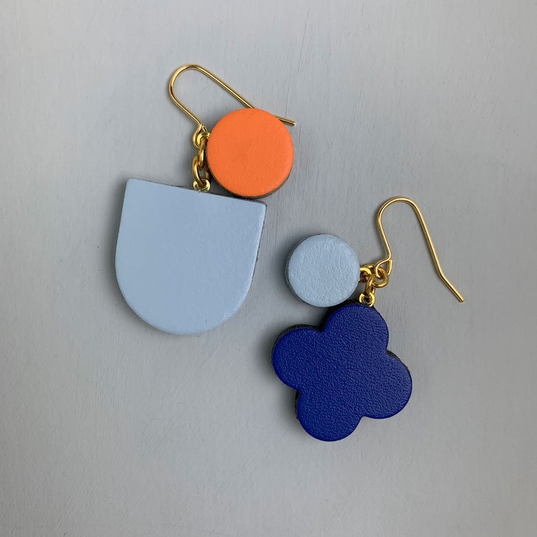 Leather oddbod earrings - blue/light blue