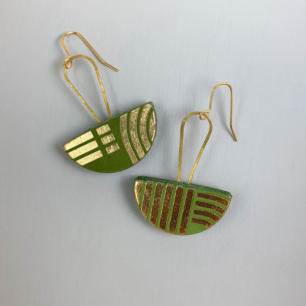 Leather semi circle drop earrings - olive/gold