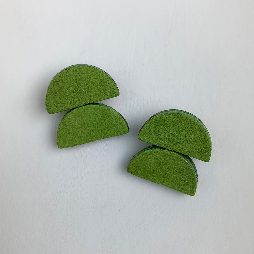 Leather semi circle stud earrings - olive green