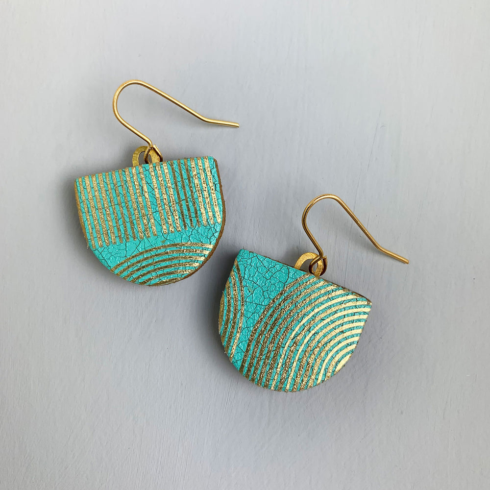 Leather tab earrings - turquoise/gold